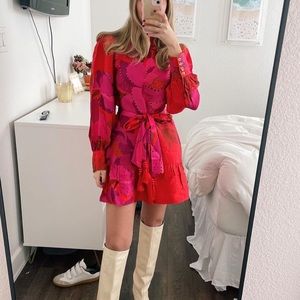 Red peony long sleeve mini dress